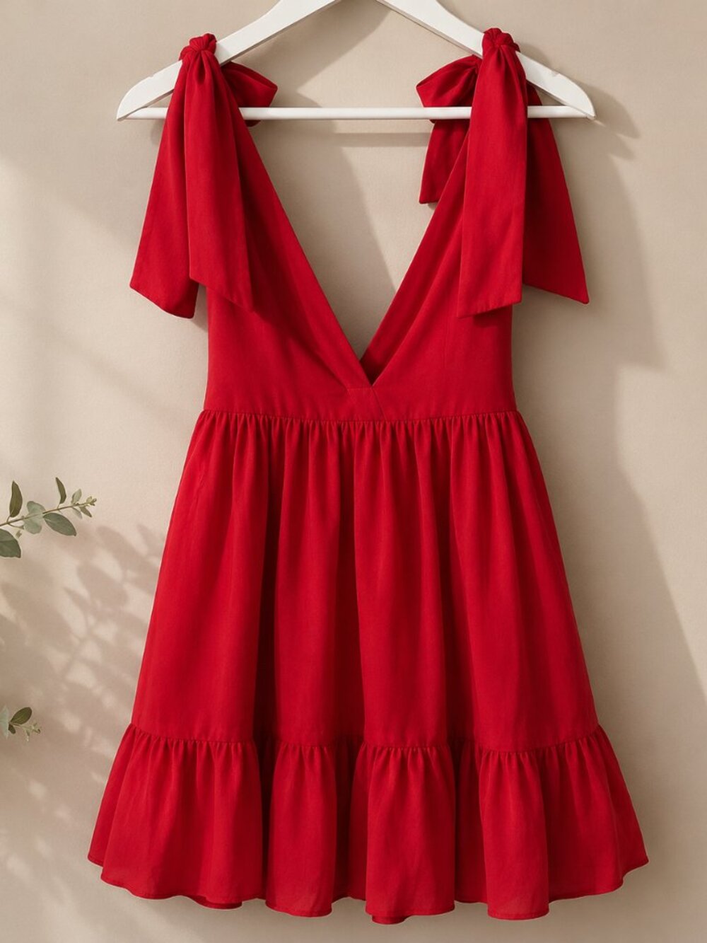 Red Bow Strap Mini Dress | Deep V | Flowy Ruffle Hem